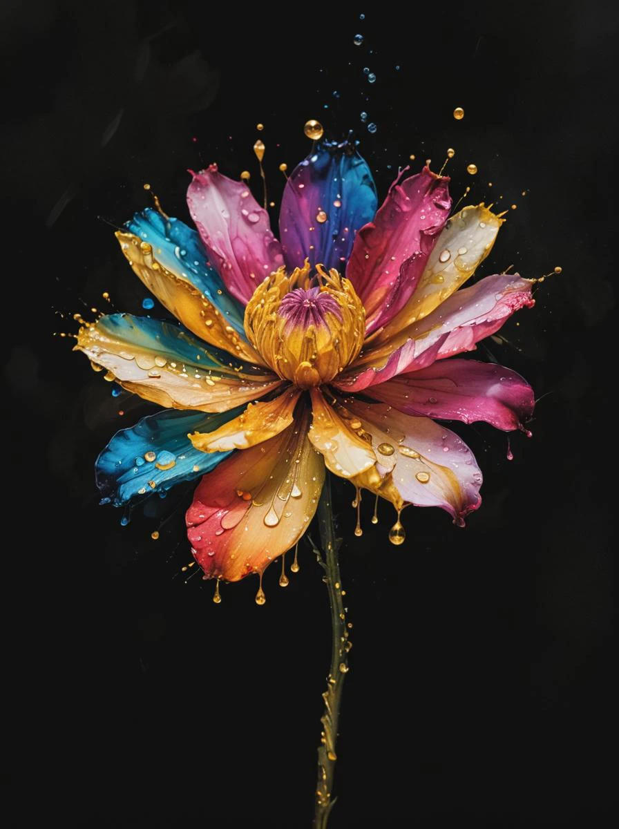 A vibrant alcohol ink with oil art of a single (flower of choice) with abstract splash art,water drops,water drop splashes,black background,and gold splotches