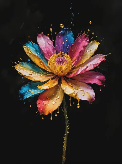 A vibrant alcohol ink with oil art of a single (flower of choice) with abstract splash art,water drops,water drop splashes,black background,and gold splotches