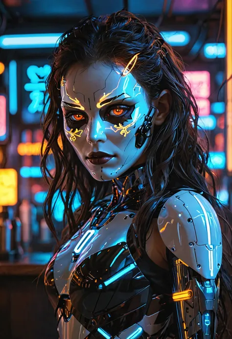 Cybercore Aesthetic, bar with dark neon lights, cyborg woman, glowing eyes, mask, dark brown long hair, looking at viewer, volumetric, intricate, elaborate, detailed, <lora:Cybercore:0.8> <lora:SDXL\ral-ledlights-sdxl.safetensors:0.5>, ral-ledlights, <lora:SDXL\MJ52.safetensors:0.8>,