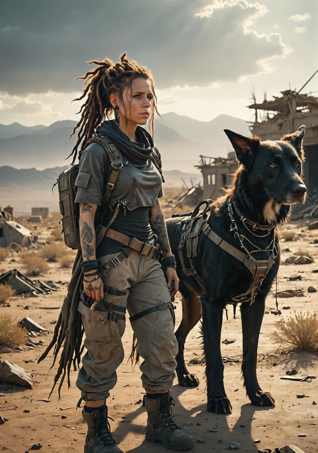 Immerse yourself in a desolate post-apocalyptic world as a techwear-clad female roamer. With messy dreadlocks, piercings, tattoos, accompanied by a large hound, wander through the desolated, barren land. Feel the overwhelming sense of loneliness and melancholy as you gaze into the distance. Utilize HDR and ray tracing to enhance the atmospheric lighting and capture the haunting beauty of the backdrop
