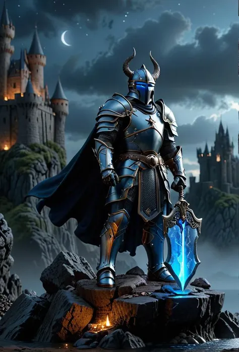 professional 3d model the image depicts a dramatic scene set in a dark, fantastical landscape. the central figure is a knight clad in armor, standing tall on a rocky outcropping. he wields a sword in one hand and holds a shield in the other. his helmet features large horns that add to his imposing presence. a blue gem glows prominently on his chest, catching the eye amidst the darkness. in the background, a castle looms, its silhouette barely visible against the night sky. a faint light shines from within, suggesting a source of hope or guidance in this otherwise ominous setting. . octane render, highly detailed, volumetric, dramatic lighting