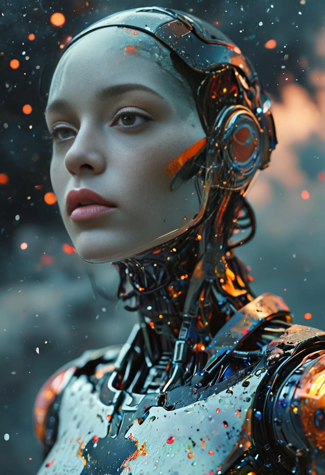 Robot,high angle shot, Starry sky with a full moon,alberto seveso art,water ink,colorful cloud,loose painting style,intricate detail,octane render,8K,volumetric lighting,bokeh effect film effect highly intricate detail cinematic real aesthetic very fine elegant sharp focus creative positive light artistic cheerful rational new pleasant lovely,style by Harry Shoulberg,studio lighting,,Kodak UltraMax 400,Direct light