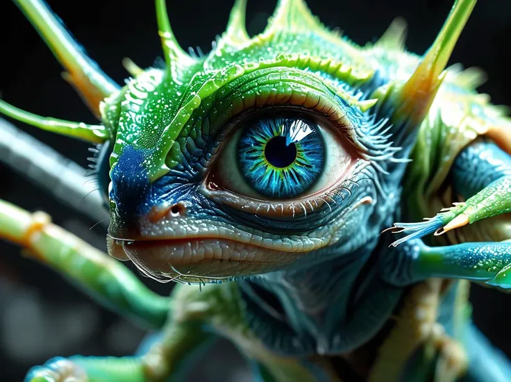 Hyperrealistic art High-definition 3D rendering of a half-human,half-alien creature seen through the lens of a microscope. Its skin is covered in tiny,interlocking scales that refract light in various shades of blue and green. Its eyes are large and wide,with multiple irises that glow like embers. Two long,slender arms sprout from its torso,each ending in a hand tipped with razor-sharp claws. The creature's lower body is a series of segmented sections,each one covered in tiny,pulsing sacs filled with a shimmering,bioluminescent substance that glows faintly. The background is a blur of intricate machinery and wires,as if taken from an advanced laboratory. Detailed texture map on the creature's skin,realistic lighting and shadows . Extremely high-resolution details, photographic, realism pushed to extreme, fine texture, incredibly lifelike