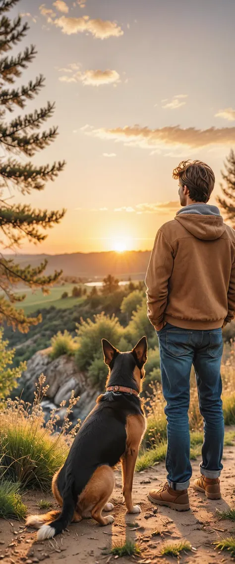 professional photo of a man with a dog looking at the beautiful nature at sunset, back view shot, eye level [ film grain, real life analog photo, natural skin, detailed background : 0.75] <lora:add_detail:0.3> <lora:detailed_notrigger:0.3> <lora:attractive_notrigger:0.5>