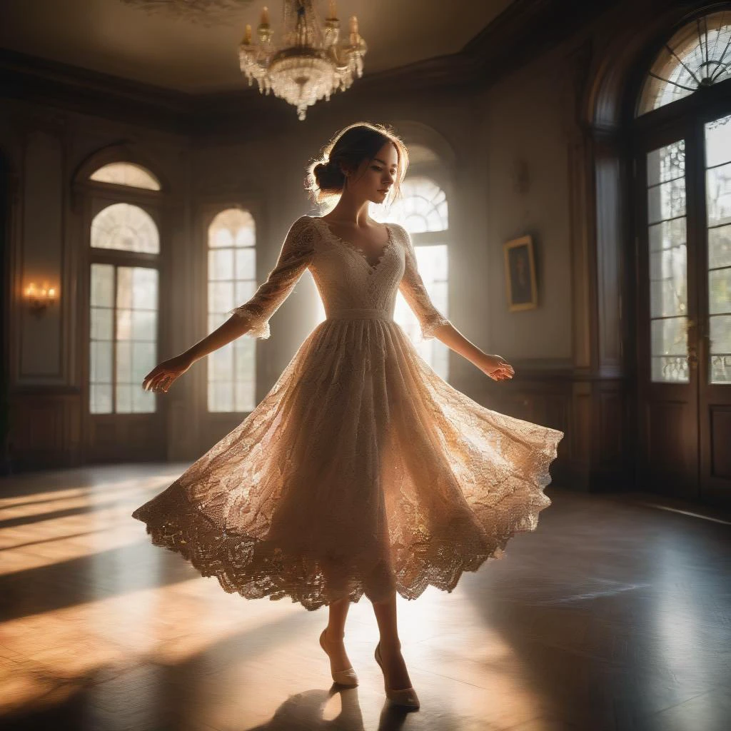 a girl wearing a lace dress, twirling in the sunlight, in the parlor of a mansion
extremely highly detailed cinematic masterpiece, desktop background wallpaper, dynamic lighting and shadows
colorful, rich, saturated, vibrant