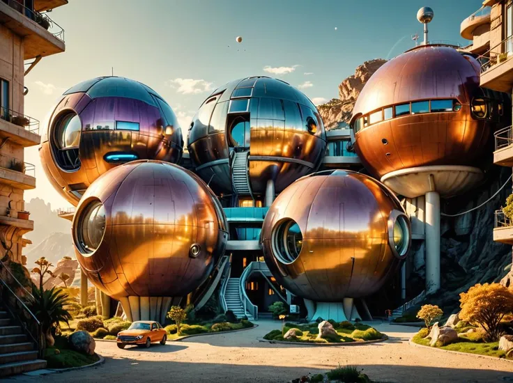 Hyperdetailed photo, sci-fi home, retro, spherical and cylindrical shaped buildings, distant future, matte smart materials, efficient and environmental friendly, unusual and brilliant architecture, advanced civilization, alien world, soft vivid colors, hard light, rich emotive colors, 8k, masterpiece, ektachrome, UHD, rich emotive colors, surreal quality, by Richard Dorran