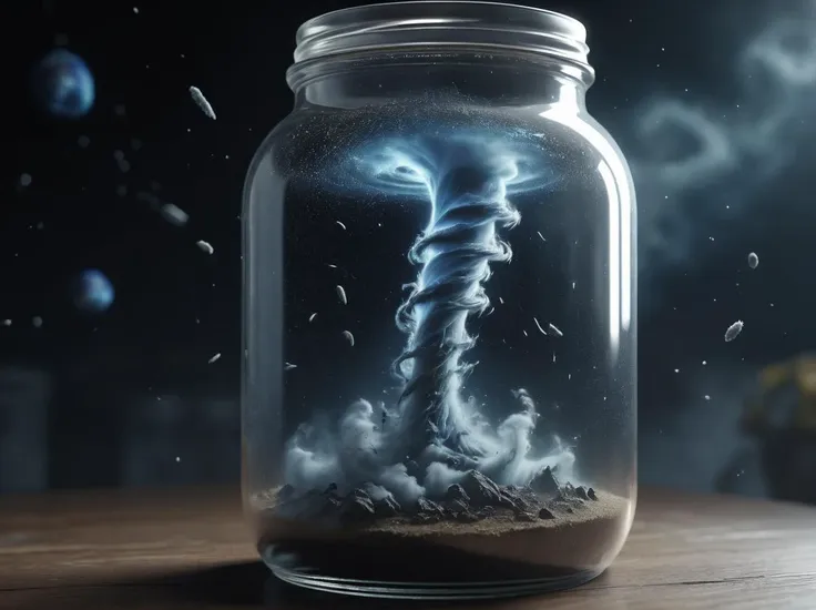 An entire universe contained inside of a glass jar, super realistic, hyper detailed, tornado, 4k, particles, dust,