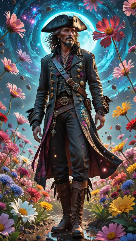 stacked papercut art of in the midst of a vibrant field of flowers that defy gravity with their extraterrestrial hues, a weathered 45 year old pirate stands tall, his tattered coat and worn boots blending seamlessly into the alien landscape. his eyes gleam with an otherworldly intensity as he gazes up at the swirling vortex above, where stars and planets converge in a mesmerizing dance. the algorithmic art style lends an eerie, futuristic quality to the scene, as if the very fabric of reality has been manipulated to accommodate this surreal tableau. the flowers' iridescent petals seem to shift and ripple like liquid, their colors bleeding into one another in hypnotic patterns that mirror the pirate's own erratic heartbeat. as he raises his trusty cutlass to the sky, a burst of energy erupts from its tip, illuminating the surrounding blooms with an ethereal glow. the air is alive with ancient magic, whispering secrets to the pirate as he summons forth an epic fantasy from the very essence of this alien world. . 3d, layered, dimensional, depth, precision cut, stacked layers, papercut, high contrast