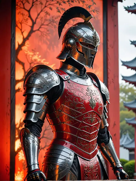 shangri la aesthetic under the darkened sky, a lone figure stood in stark contrast against the vibrant red backdrop. the figure was garbed in a suit of armor, the lines and curves of its body accentuated by the black and white patterns that adorned it. a long spear rested in its grip, held with an air of readiness. the figure's faceplate was drawn back, revealing a visage etched with determination. its helmet tapered to a point at the top, adding an element of nobility to its stance. as the wind rustled through the scene, the figure remained steadfast, its presence both imposing and intriguing. in the distance, faint silhouettes of other armored figures could be seen, their forms reduced to mere outlines against the fiery hue of the background. they were there, watching, waiting silent spectators to the drama unfolding before them. this image, captured in the style of cybernetic art, evokes a sense of both mystery and heroism, as if the central figure is a guardian, ready to defend what is most precious. . utopian, serene, asian inspired, highly detailed