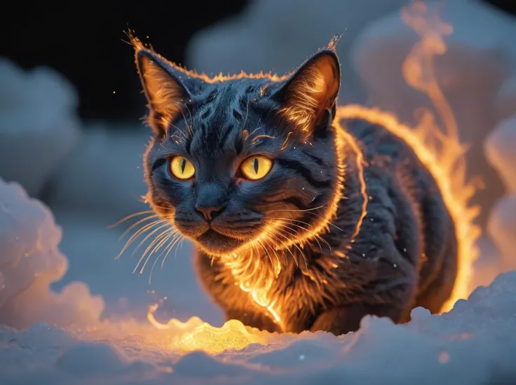 depiction of a cat made out of glowing hot iron inside cold nitrogen,intricate,detailed