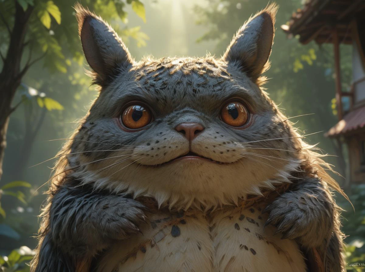 portrait of real life totoro, hyperrealistic, very detailed fur, sharp focus, fine lines, fine art, soft colors, in rays of sunlight, detailed painting by mark arian, artgerm, bastien lecouffe - deharme, exoplanet colonization site, new frontier settlement, terraforming efforts, pioneering spirit, <lora:detailed_notrigger:1>