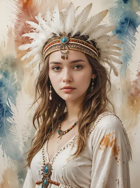 A very beautiful 21 year old woman in a white bohemian dress, adorned with a feather headdress and ethnic jewelry, surrounded by an artistic aura created through splashes of watercolor paint.