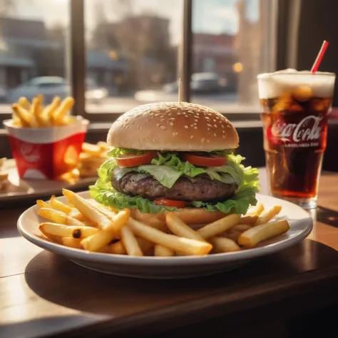a hamburger with lettuce and cheese, sitting in a plate of fries on a diner table by the window in the sunlight, with a bubbling glass of coca-cola
extremely highly detailed cinematic masterpiece, desktop background wallpaper, dynamic lighting and shadows
colorful, rich, saturated, vibrant