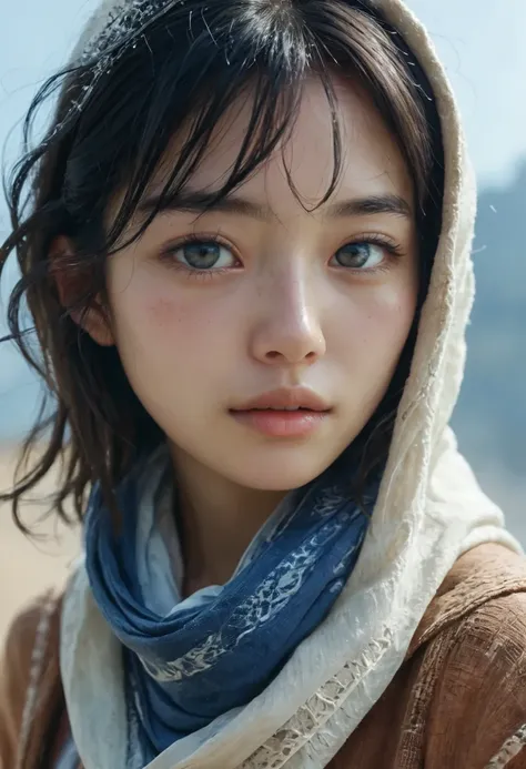 a close up of a woman with a hood on and a scarf over her head, beautiful asian girl, eye white. full body realistic, desert nomad, striking azure eyes, young woman, breathtaking render, hyperrealistic illustration, young adorable asian face, <lora:add-detail-xl:1.5> <lora:japanese_girl_v1.1:0.7> jpn-girl