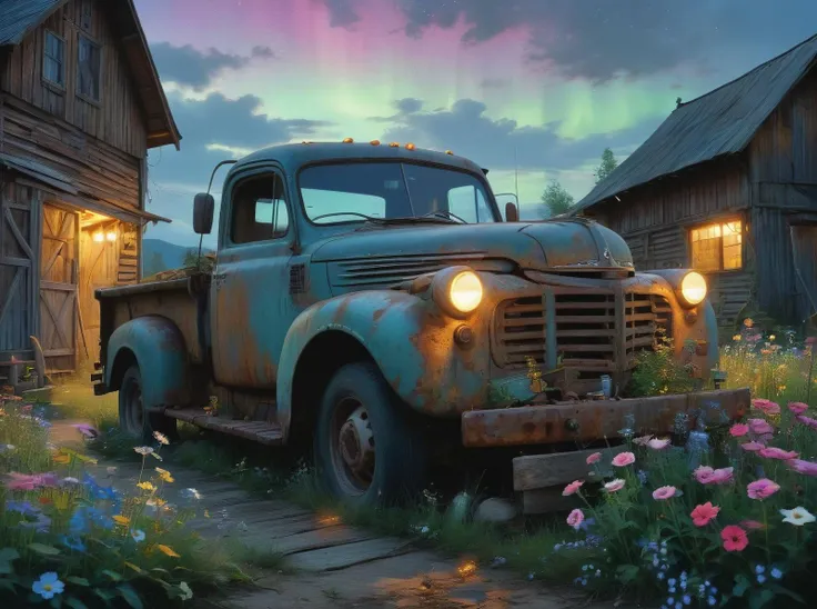 old rusty truck,abandoned,near an old barn at dusk,flowers in truck bed,looking up to,Night sky with vibrant aurora borealis,comic Full Angry revy from black lagoon in the style of yuumei yumihiko amano zhang jingna full body graphic illustration graphic novel art highly detailed,style by Charles Vess,Beautifully Lit,(detailed masterpiece intricate details award winning lots of details),Kodak Tri-X 400,Ethereal Lighting
