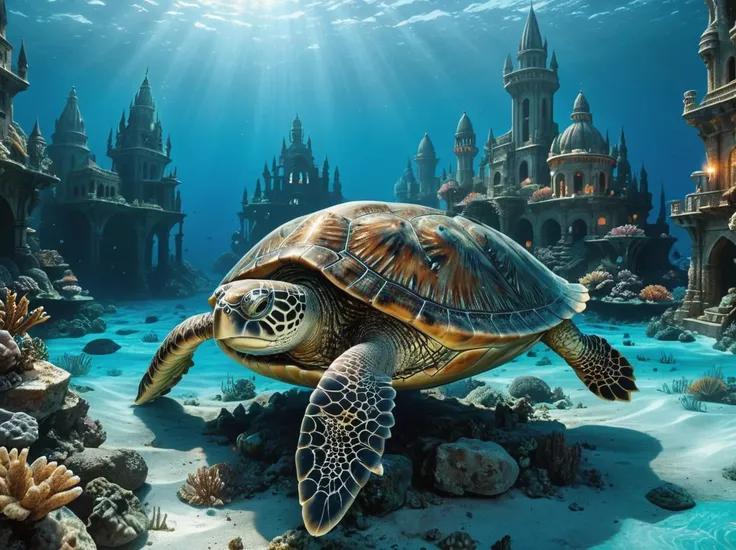 turtle,Beneath the shimmering surface of the ocean lies an extraordinary underwater realm,a testament to the wonders of the deep sea. Here,nestled amidst the azure waters,lies an ancient underwater city of mythical proportions. Its towering spires and intricate architecture speak of a civilization lost to the sands of time,a testament to the ingenuity and artistry of its long-forgotten inhabitants
