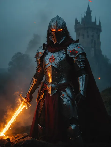 Fog, darkness, particles, Knight with silvery-white armor and glowing red eyes. Burning eyes, A nicely decorated full helm, Cloak, elaborate armor engraving, Flaming Greatsword Raised High into the Sky, magnificence of going to battle, On a battlefield with a visible Burning Castle, neon,