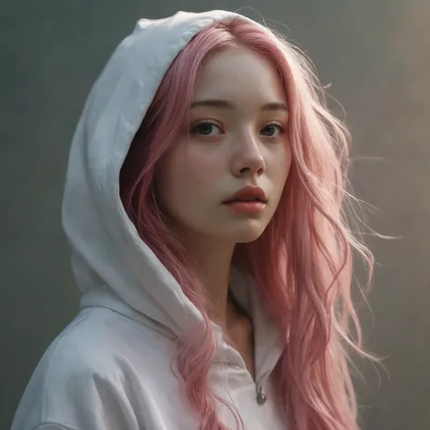 A high-resolution digital illustration portraying the girl in a white hoodie, with long pink hair cascading down her shoulders. The scene should be depicted in a dark and moody atmosphere, with subtle lighting highlighting the girl's provocative expression and adding to the overall sense of decadence and intrigue.Girl in white hoodie, pink long hair, decadent atmosphere, detailed description, provocative expression, dark lighting. @ T, $p