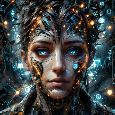 A human face constructed from digital signals, surrounded by enigmatic symbols and patterns, Digital art, conveying the fusion of technology and humanity in a surreal environment, Tons of tubes connected to the head, yktlr, ral-ledlights