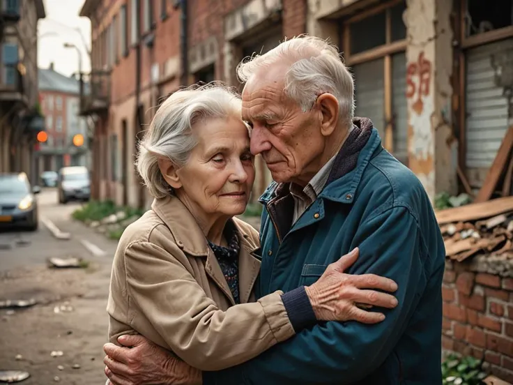 An elderly couple, leaning on each other for support, stands against a backdrop of urban decay, their faces marked by years of struggle and resilience. Capture the essence of their enduring love and companionship with a Sony Alpha a7 III camera paired with a Sony FE 35mm f/1.8 lens. Set the aperture to f/2.8, ISO to 640, and use soft, diffused lighting to illuminate their faces gently. Opt for a warm, vintage rendering to evoke a sense of nostalgia and intimacy. Achieve an output resolution of 6000 x 4000 pixels to preserve the intimacy of the moment.