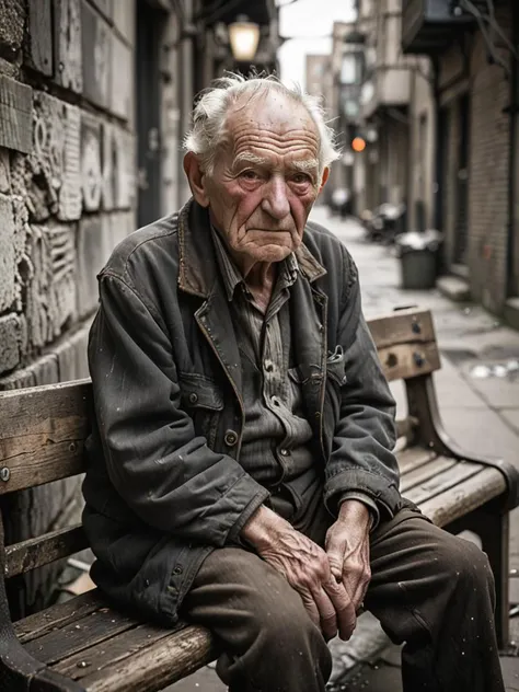 An elderly man, weathered by time and hardship, sits on a dilapidated bench in an urban alleyway, his face etched with the lines of a lifetime's worth of stories. Capture his raw humanity with a Canon EOS 5D Mark IV camera paired with a Canon EF 24-70mm f/2.8L II USM lens. Set the aperture to f/4, ISO to 800, and use natural lighting for authenticity. Aim for a gritty, black-and-white rendering to convey the harsh realities of life. Achieve an output resolution of 6720 x 4480 pixels to preserve every detail.