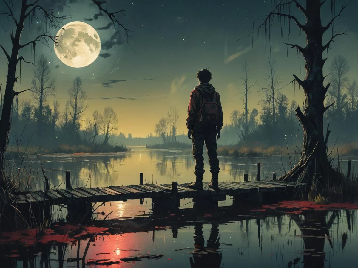 linquivera,Ink illustration,(anime:0.5),brown tones,aged black red paper,inkpunk,moonlight,ink stains,ink splashes,drips,surreal,a man standing on a dock in swampy wetlands,(at a distance),Will-o'-the-wisp,moonlit,lonely,solitude,windy,tall trees,willows,willowy,OverallDetail,extremely detailed,UHD,(long exposure , dystopian but extremely beautiful:1.4)