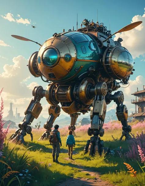 a small insect that is standing in the grass, he transport a little alien in his back, 3d render beeple in the art style of filip hodas,  cyber steampunk 8 k 3 d, beeple. octane render, 3 d render stylized, anthropomorphic, beautiful, borderlands 3 psycho portrait, colourful vector, graphic novel, grunge, official fanart behance hd by jesper ejsing, by rhads, makoto shinkai and lois van baarle, ilya kuvshinov, rossdraws global illumination, Cinematic photography, movie mood, cinematic light, compelling composition, storytelling elements, conveys emotion, mood, and narrative depth, creating visually striking images that feel like still frames from a film, Steampunk art style, Victorian-era aesthetics, steam-powered machinery, brass and gears, fantastical inventions, retro-futuristic adventure