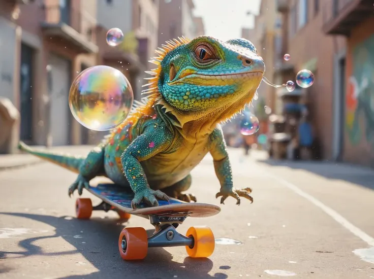 Medium close-up watercolor painting,(Skateboarding lizard:1.4),Dynamic action,Bubble-blowing spectacle,(Colorful bubbles:1.3),Playful reptile,Vibrant skateboard,Whimsical charm,Urban setting,(Sunlit afternoon:1.3)