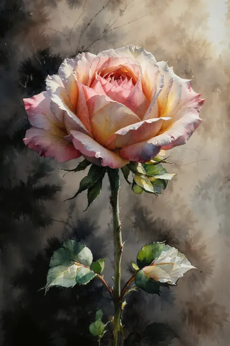Morning Light, A single rose in full bloom, Thin lines that flow and spread, Sketch, watercolor, Close-up, top view, Low-key lighting Style, dark