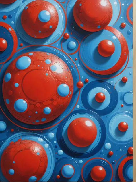 ASCIImmorpg game style painting of a red and blue abstract painting with circles and dots, inspired by tim doyle, floating planets, vector graphic, inspired by kelly mckernan, closeup view, 256x256, tanks, dorohedoro, comic book panels, woodcut print, mediterranean, art nuevo, amazing, fine bubbles, uhq, multiverse, richard corben style . massive multiplayer, persistent world, character progression