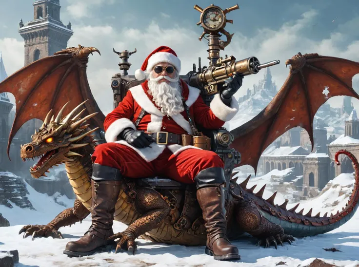 Steampunk Santa in sunglasses with nailgun sit on the dragon back,winter,snow,blood,ruins on the background,masterpiece,high quality,greg rutkowski