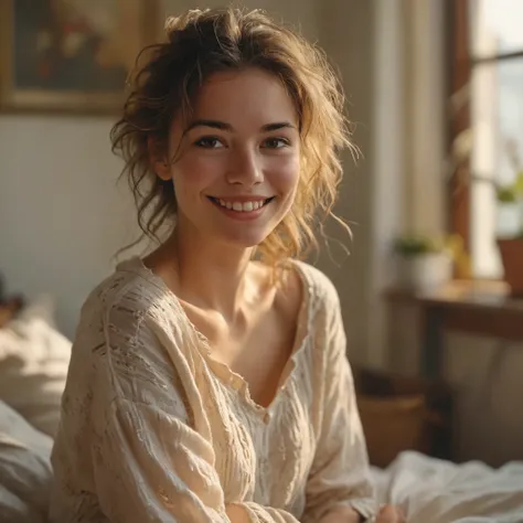 A high-resolution digital illustration portraying the woman in a relaxed posture, with tousled hair and cozy clothing, smiling warmly as she greets the morning. Meticulous attention to detail should be given to the natural light streaming into the room, highlighting the woman's cheerful expression and creating a sense of warmth and comfort in the scene.Woman waking up, tousled hair, comfortable attire, bright smile, morning greeting, detailed description, cheerful atmosphere, warm lighting.