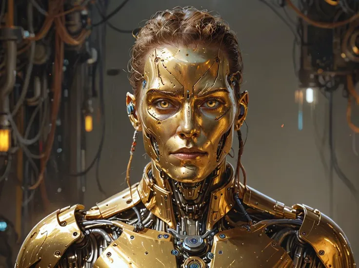 A portrait of a cyborg in a golden suit,D&D sci-fi,artstation,concept art,highly detailed illustration
