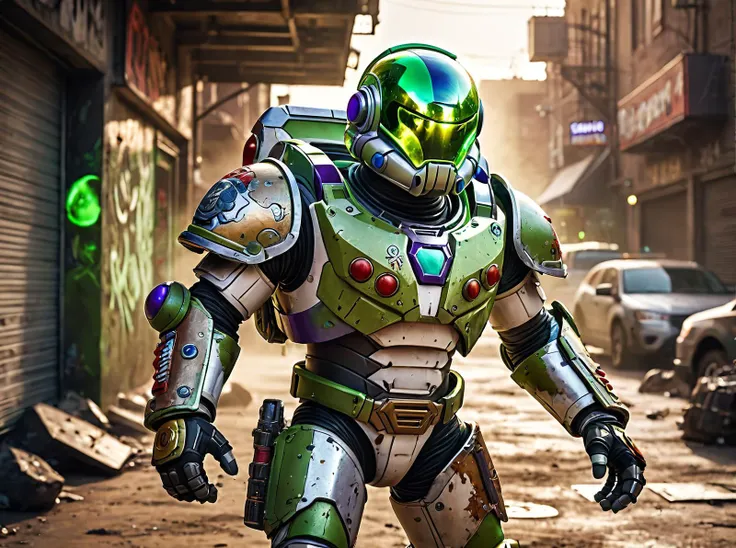 Fighting game style Grunge style Graffiti style 4K photograph,Cinematic scene of a strong human (Buzz Lightyear:1.2) astronaut wearing massive heavy (warhammer 40k:1.2) chaos marine grey gold armor,(glowing green magic:1.5),glass bubble helmet,cinematic lighting,(cinematic color grading:1.2),rocky alien planet,dark moody lighting,casting a spell,extremely detailed armor,adeptus mechanicus,walking through a sandstorm,small (helmet:1.4),sword,detailed textures,fuji cinestill,sunset . Street art, vibrant, urban, detailed, tag, mural . Textured, distressed, vintage, edgy, punk rock vibe, dirty, noisy . Dynamic, vibrant, action-packed, detailed character design, reminiscent of fighting video games