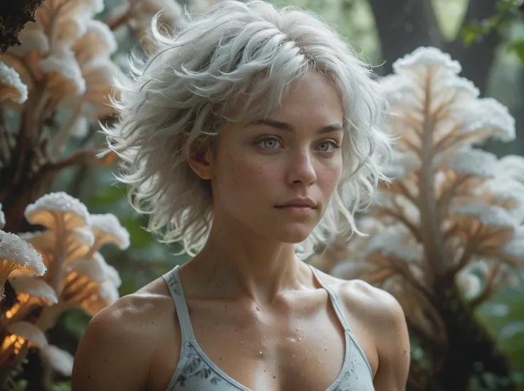 a muscular woman,Cloud Hair,Platinum,Portrait,In the Myconid Haven with Luminescent Fungal Canopies,extremely beautiful masterpiece contest winner Ultra Detailed Highres,Fujicolor C200,soft lighting