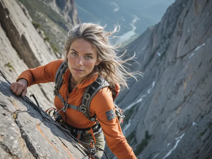 ï¸a beautiful woman,helicopter hair,Silver,ï¸Traverse a rock face with the aid of climbing gear