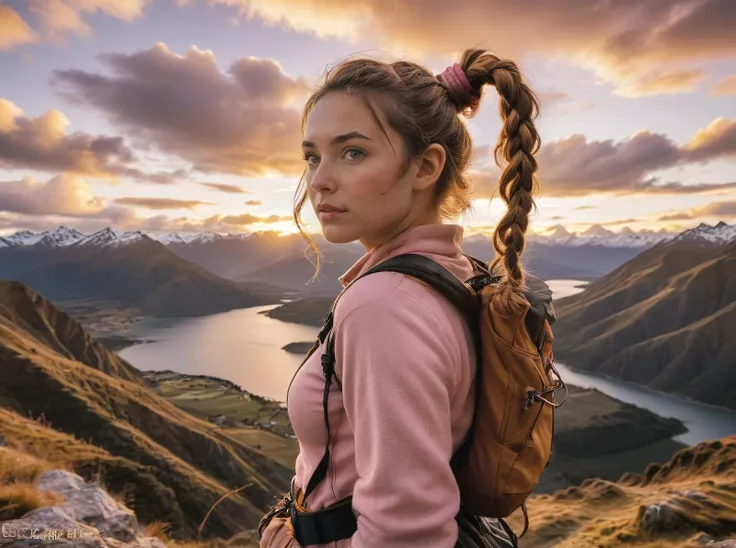 a Surprising woman,Twintails hair,Butterscotch,POV shot,dramatic landscapes of New Zealand's South Island are a playground for outdoor enthusiasts, with hiking, skiing, and bungee jumping,Sunrise sky with clouds painted in gold and pink hues,style by Art Fitzpatrick,intricately detailed masterpiece sharp and fine,Canon EF,soft lighting