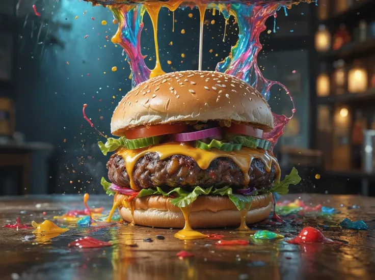 Hyperrealistic art (liquid splashing:1.2),Epic splatter art,alcohol ink,(king burger:1.3),dreamlike atmosphere,intricate composition,fantasy,wide angle,glow,color splatter,colorful painting,rich color,HDR,Arthur Rackham,Dr. Seuss,Norman Rockwell,digital illustration,no background,digital painting,iridescent and luminescent scales,breathtaking beauty,Volumetric light,auras,rays,vivid colors reflects, . Extremely high-resolution details, photographic, realism pushed to extreme, fine texture, incredibly lifelike