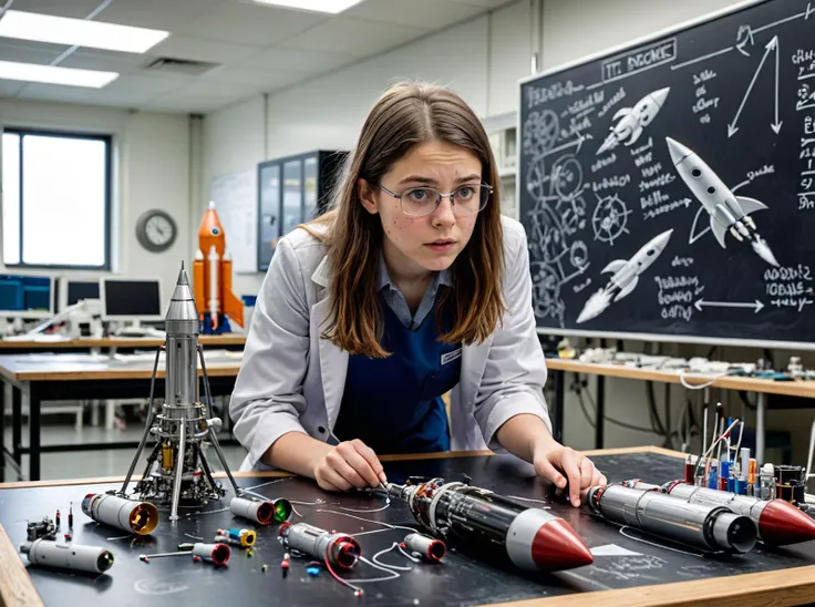 A young scientist in a laboratory,looking confused as she bends over a table where a partially disassembled rocket is displayed. The person appears unsure where to start with the repairs or analysis,highlighting her puzzlement. The laboratory is filled with various pieces of electronic equipment in the background. Behind the scientist,there is a blackboard with some rocket sketches and a clearly visible sign that reads: 'IT'S IS NOT A ROCKET SCIENCE.' The setting is technical,capturing a moment of uncertainty in an advanced research environment
