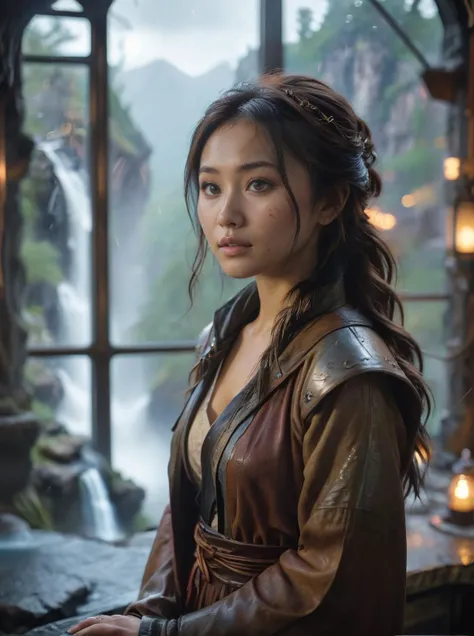Brenda Song,In the Stormforged Observatory overlooking Ephemeral Falls,style by Javier Senosiain,bokeh professional 4k highly detailed,Kodak UltraMax 400,split lighting