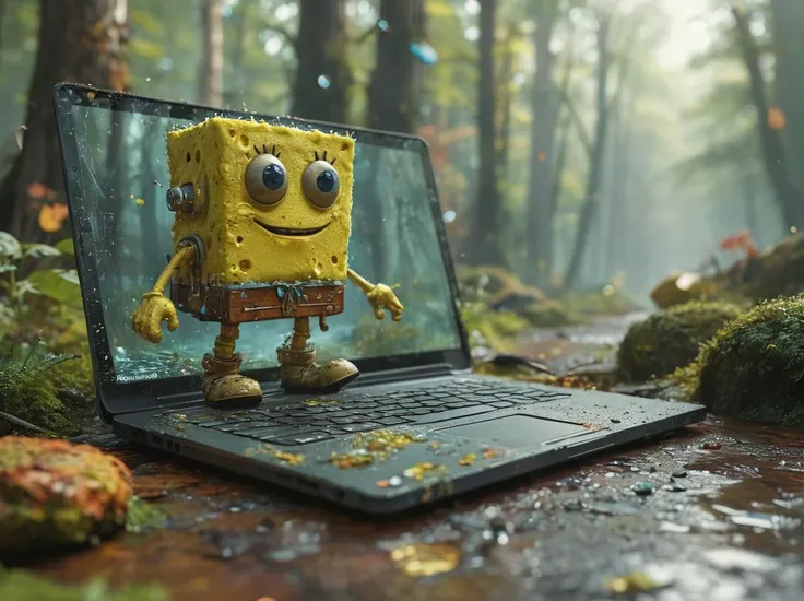 3D hologram creating steampunk Sponge Bob and Terminator running out of laptop in a colorful forest actions Smartphone ultra-realistic 4K splatter splash ink edges detailed matte painting,deep color,fantastical,intricate detail,splash screen,complementary colors,fantasy concept art