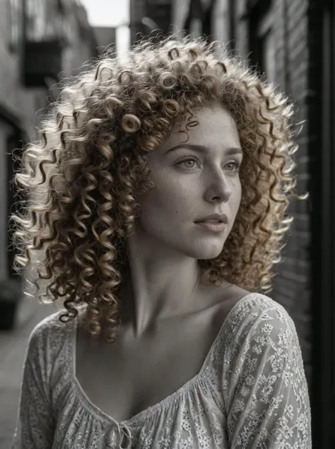 a Surprising woman,Curly Frizzy Hair,Golden,side view, medium shot Low angle,Salem Massachusetts USA,style by Georges Lemmen,(high quality awardwinning masterwork 4k highly detailed),Fujifilm Neopan 100,Gel lighting
