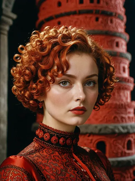a fashion woman,Stacked Curls in Short Bob,Red,Tower of Silence India,style by Lucas Cranach the Elder,Overdetailed art Best quality ultra sharp intricate details Fine art,Fujichrome Provia 100F,Side lighting