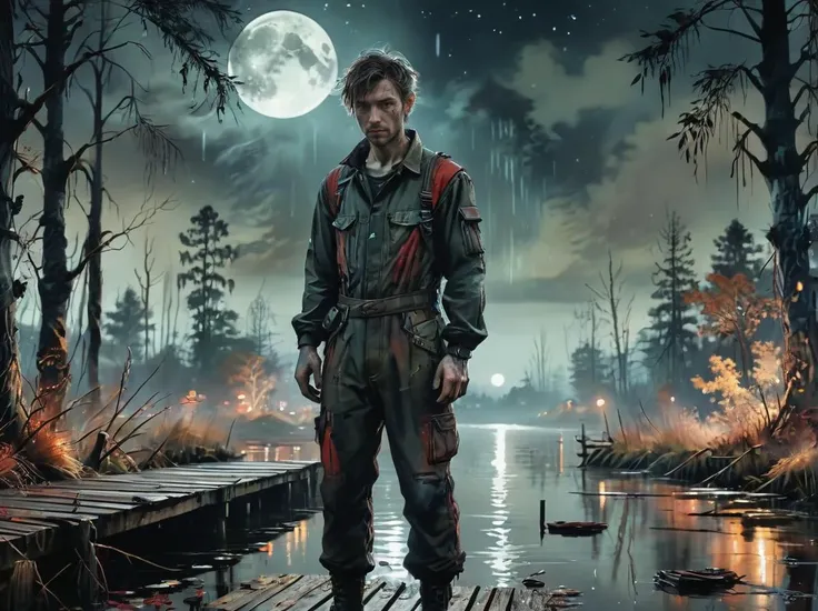 linquivera,Ink illustration,(anime:0.5),brown tones,aged black red paper,inkpunk,moonlight,ink stains,ink splashes,drips,surreal,a man standing on a dock in swampy wetlands,(at a distance),Will-o'-the-wisp,moonlit,lonely,solitude,windy,tall trees,willows,willowy,OverallDetail,extremely detailed,UHD,(long exposure , dystopian but extremely beautiful:1.4)
