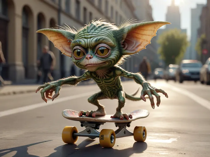Leica portrait of a gremlin skateboarding,coded patterns,sparse and simple,uhd image,urbancore,sovietwave,period snapshot,elegant highly detailed digital painting artstation concept art smooth sharp focus,Iphone X,Sun Rays