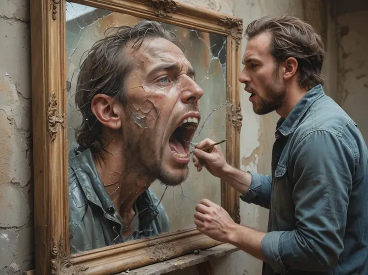 a man that is standing in front of a painting,a hyperrealistic painting,inspired by Sam Spratt,shutterstock contest winner,shock art,man carving himself out of stone,cracking glass through reality,art in an absurdist style,devouring