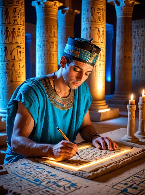 photography man scribe in ancient Egypt writting the papyri in the temple,ultrarealistc,blue light