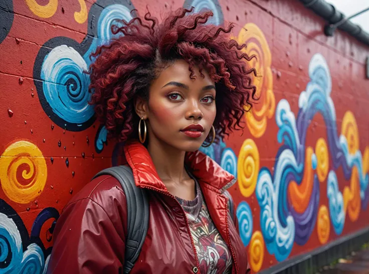 a vintage woman,Afro Hair,Maroon,Outerwear Puffer jacket in a bright red for a pop of color.,Paint a vibrant mural on a community wall, expressing yourself through art,two shot angle,Tropical storm clouds with heavy rain and strong winds,Stone Age,Role-playing game (RPG) style fantasy Detailed vibrant immersive reminiscent of high fantasy RPG games,Hyperrealistic art Extremely high-resolution details photographic realism pushed to extreme fine texture incredibly lifelike,bokeh professional 4k highly detailed,Phase One XF IQ4 150MP,Candle light