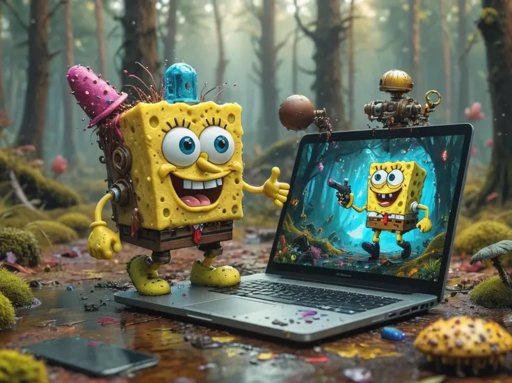 3D hologram creating steampunk Sponge Bob and Terminator running out of laptop in a colorful forest actions Smartphone ultra-realistic 4K splatter splash ink edges detailed matte painting,deep color,fantastical,intricate detail,splash screen,complementary colors,fantasy concept art