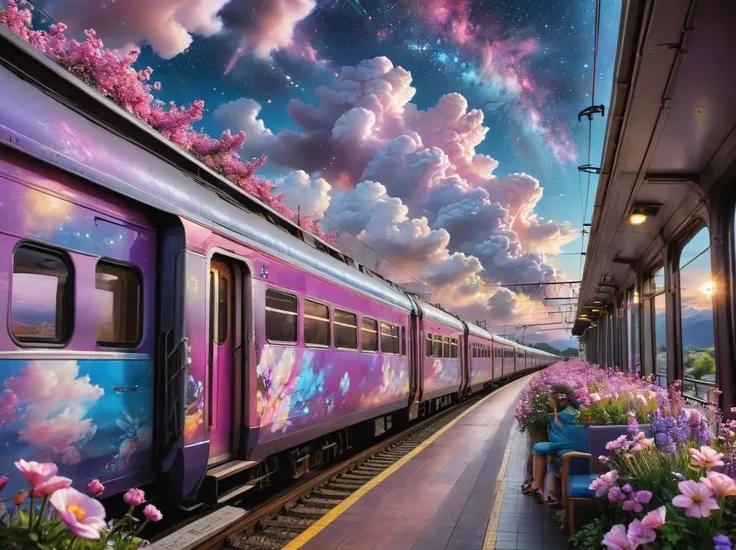 Hyperrealistic train detailed with blooming flowers,ethereal cloud animals with shimmering outlines,passengers gazing in awe,vast sky with swirling galaxies,cosmic colors (purples, blues, pinks),dramatic lighting,mystical atmosphere